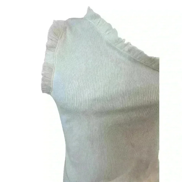 Women's One Shoulder‎ Tank Top Ruffle Ribbed White Size Large L Stretch By Entro - Picture 6 of 7